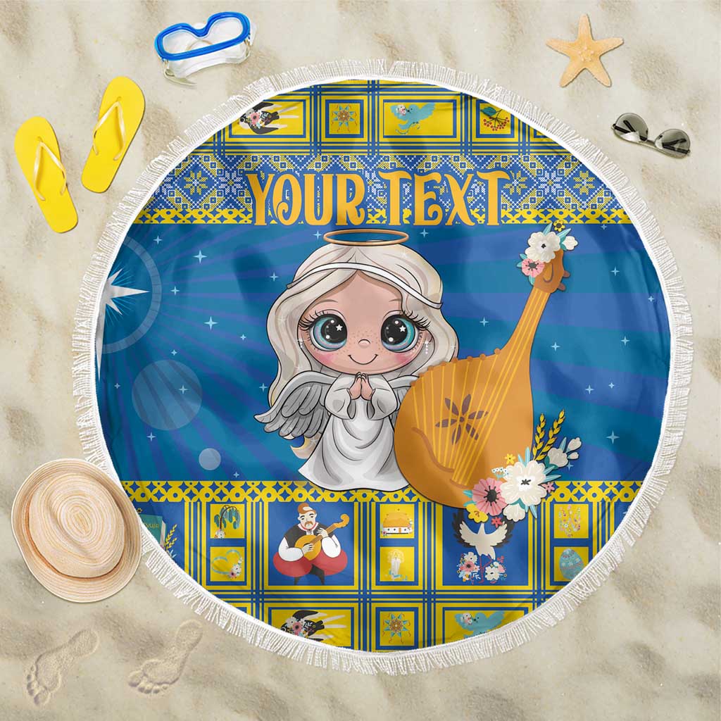 Round blue beach blanket with fringe edge and angel harp graphic, text 'YOUR TEXT'