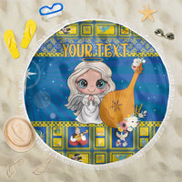 Round blue beach blanket with fringe edge and angel harp graphic, text 'YOUR TEXT'