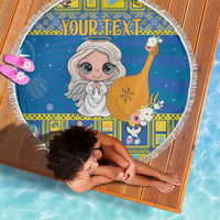 Round blue beach blanket with fringe edge, angel harp graphic and 'YOUR TEXT' headline