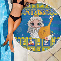 Round blue beach blanket with fringe border, angel harp artwork and 'YOUR TEXT' centerpiece