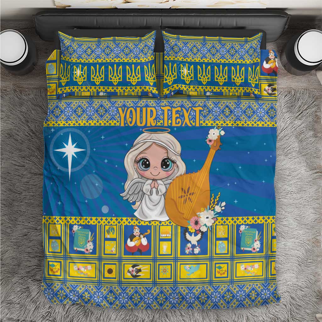 Blue Christmas bedding set with angel cartoon, star motifs, and yellow border pattern