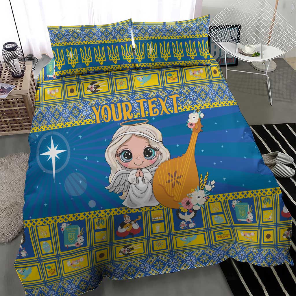 Blue Christmas duvet and shams with angel cartoon, star motifs, and yellow tile pattern