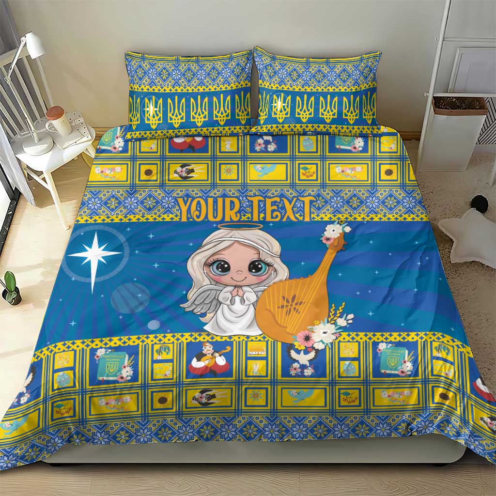Blue Christmas bedding set with angel cartoon, white star accents, and gold square border