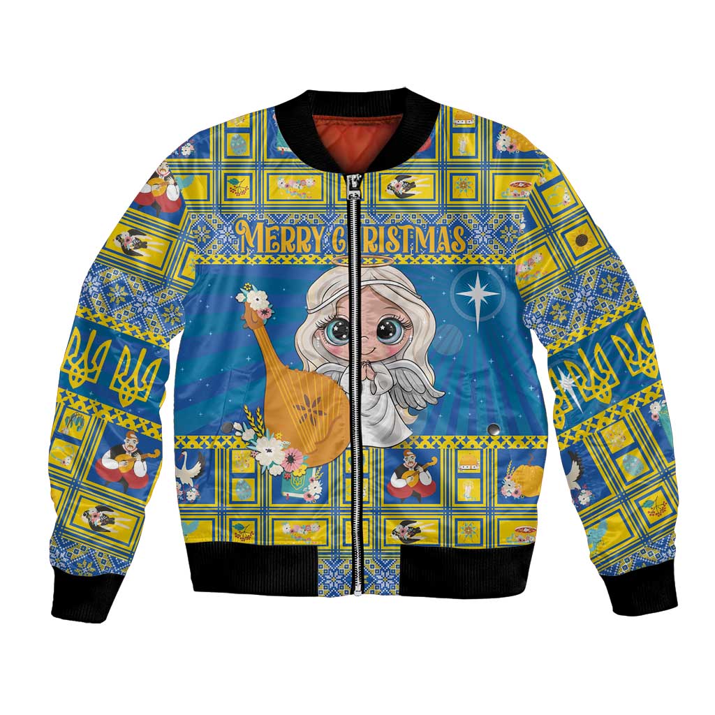 Unisex blue bomber jacket with angel graphic, 'Merry Christmas' text, black ribbed trim