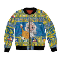 Unisex blue bomber jacket with angel graphic, 'Merry Christmas' text, black ribbed trim