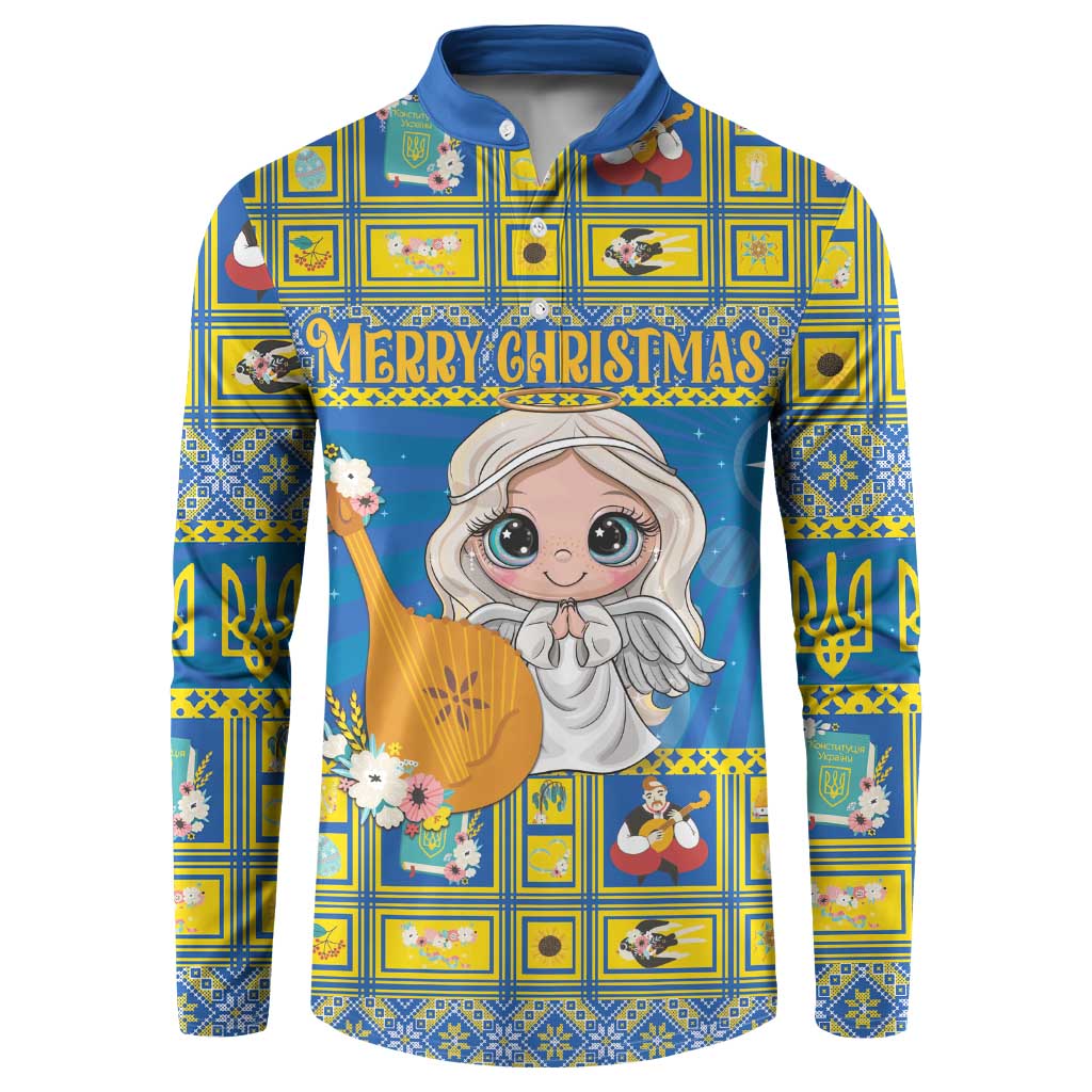Blue long-sleeve button sweatshirt with polo collar, Merry Christmas angel print