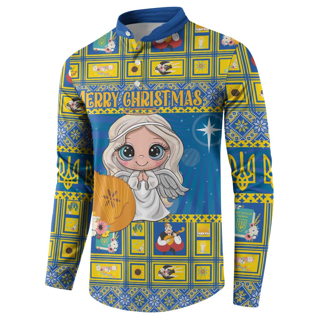 Blue long-sleeve button sweatshirt with polo collar, Merry Christmas angel graphic