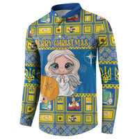 Blue long-sleeve button sweatshirt with polo collar, Merry Christmas angel graphic