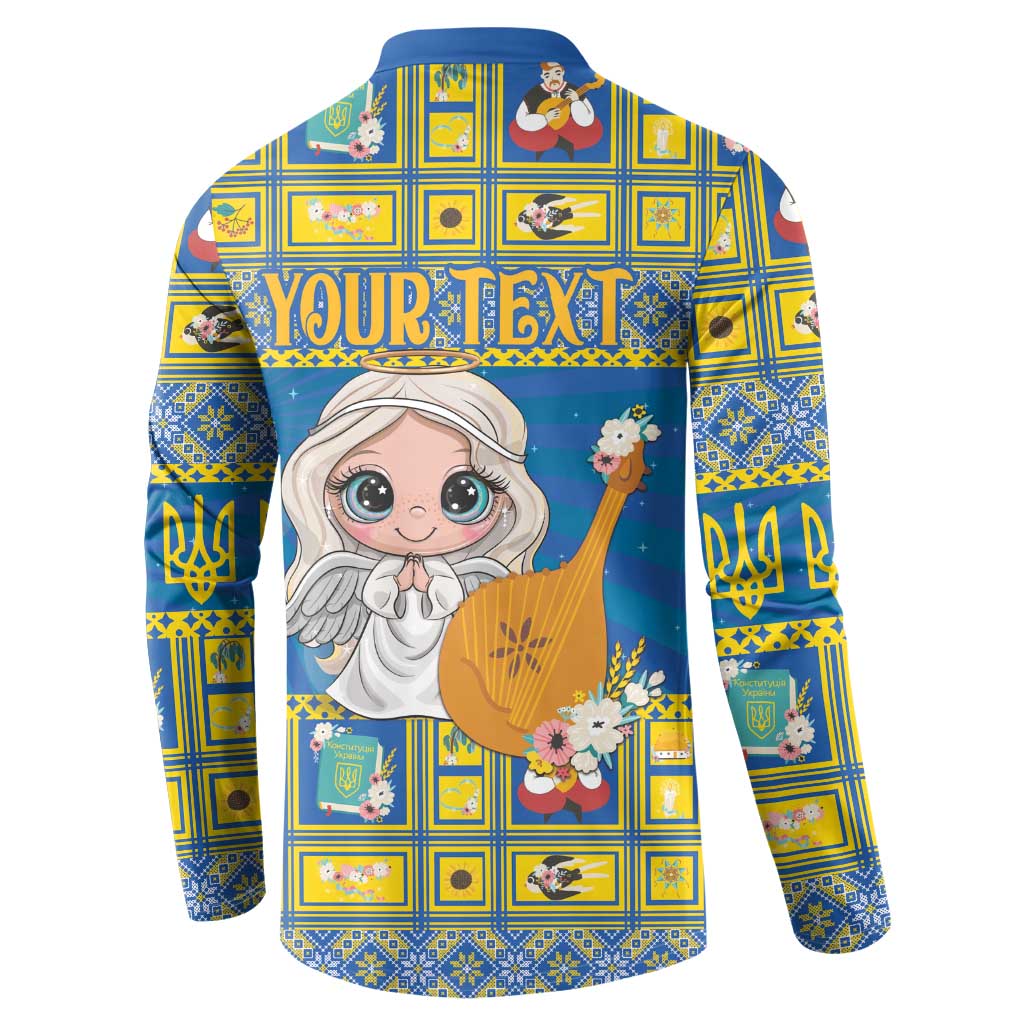 Blue long-sleeve button sweatshirt with polo collar, Your Text banner and angel print