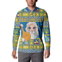 Blue long-sleeve button sweatshirt with polo collar, Merry Christmas angel front graphic