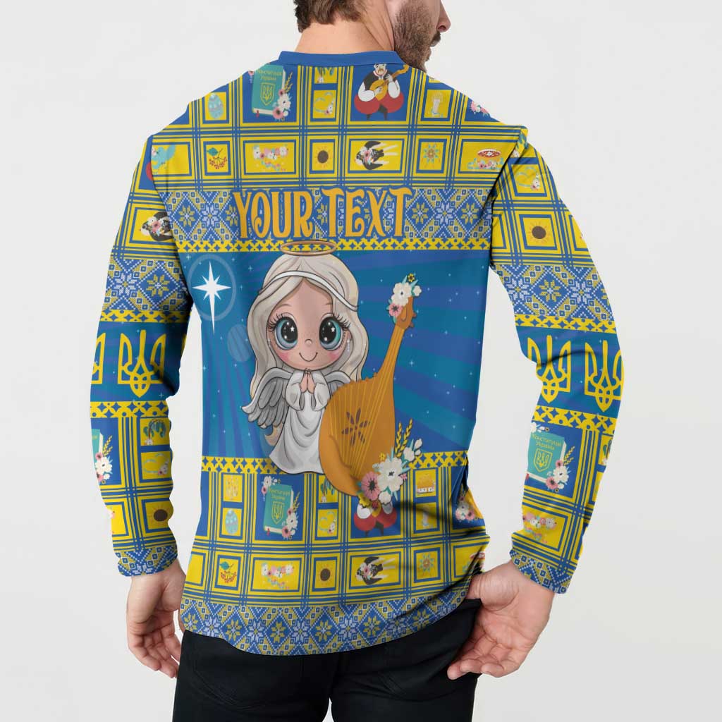 Blue long-sleeve button sweatshirt with polo collar, Your Text banner and angel back graphic