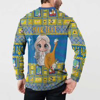 Blue long-sleeve button sweatshirt with polo collar, Your Text banner and angel back graphic