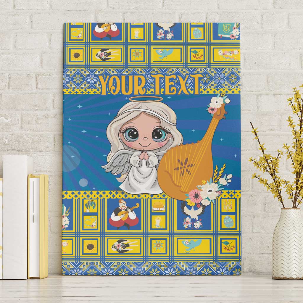 Personalized blue canvas wall art with cute angel holding a golden lyre, patterned border