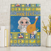 Personalized blue canvas wall art with cute angel holding a golden lyre, patterned border