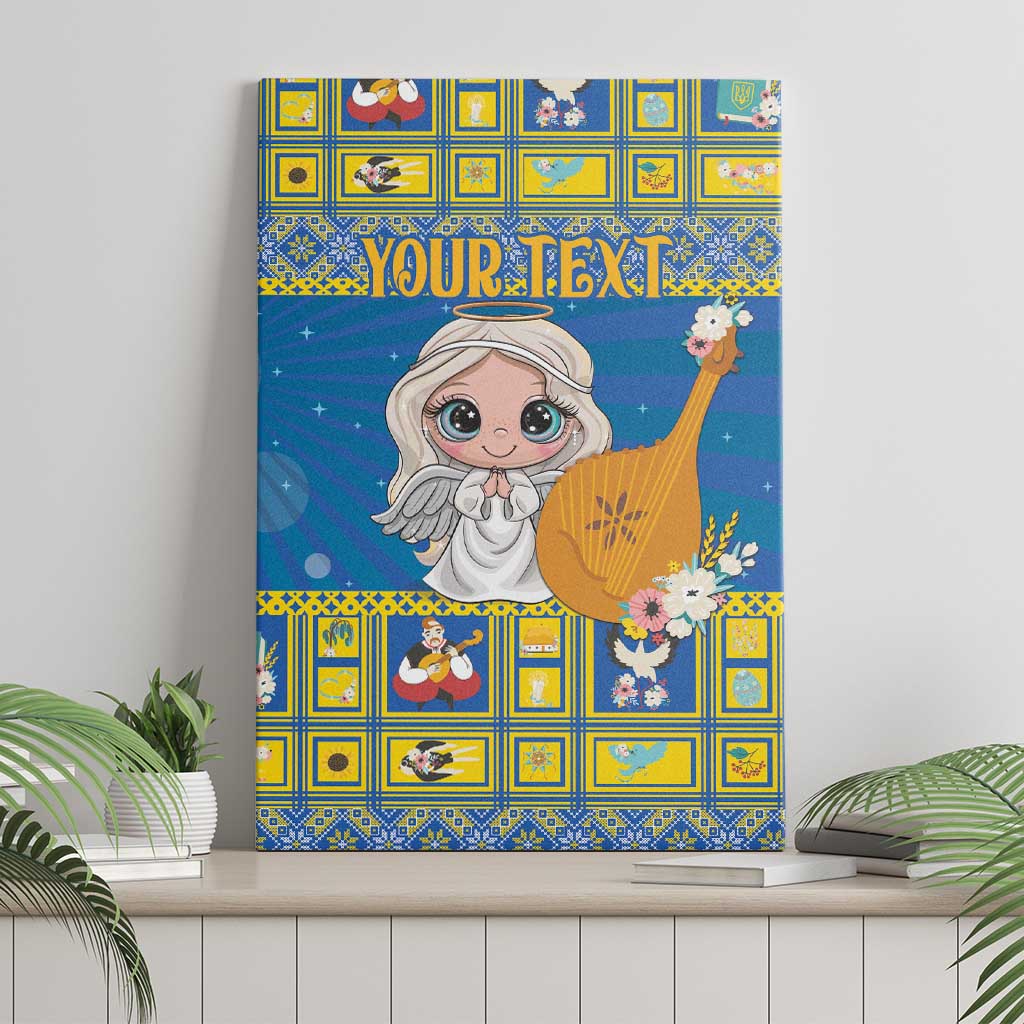 Personalized blue canvas wall art with angel and harp, yellow tile border and centered text