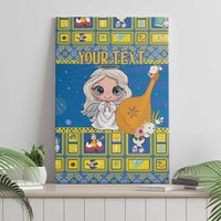 Personalized blue canvas wall art with angel and harp, yellow tile border and centered text
