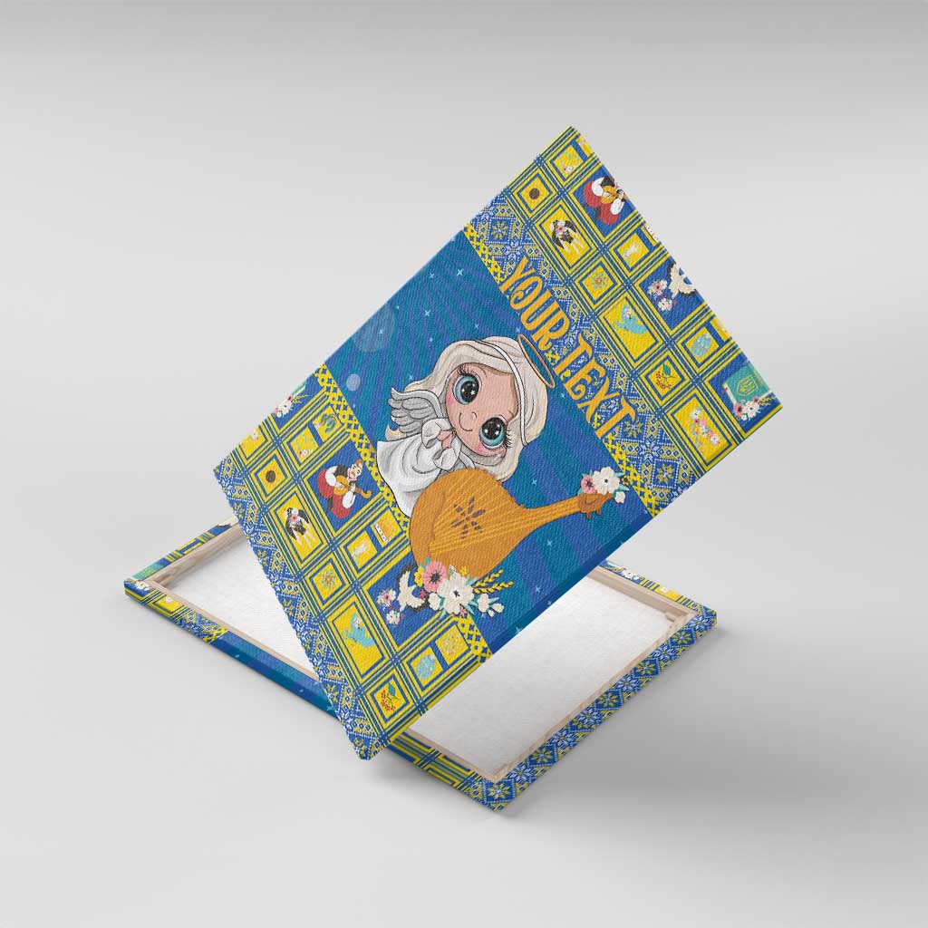 Personalized blue canvas wall art shown at an angle, angel with harp and yellow patterned border