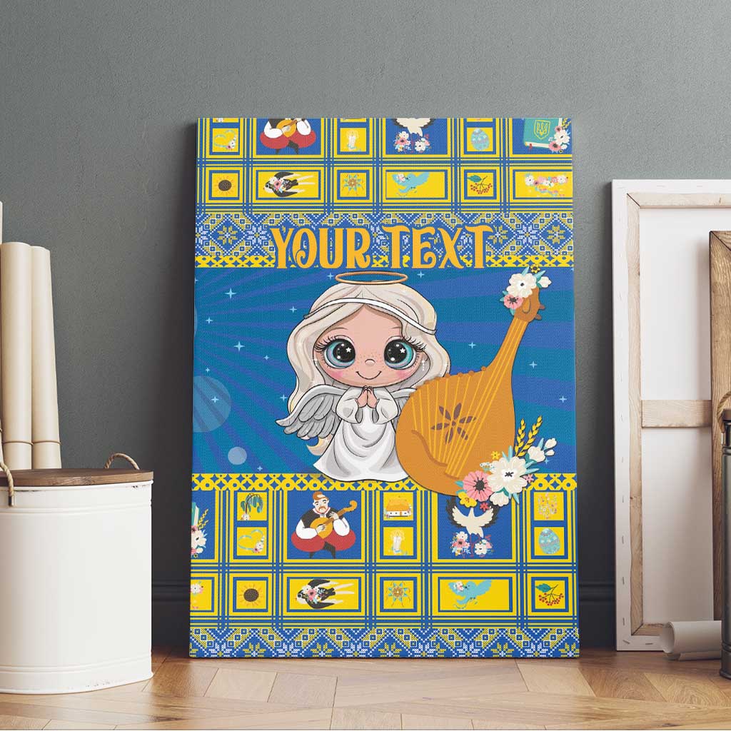 Personalized blue canvas wall art with angel figure, yellow geometric border and flower bouquet