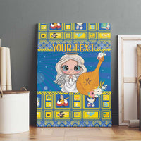 Personalized blue canvas wall art with angel figure, yellow geometric border and flower bouquet