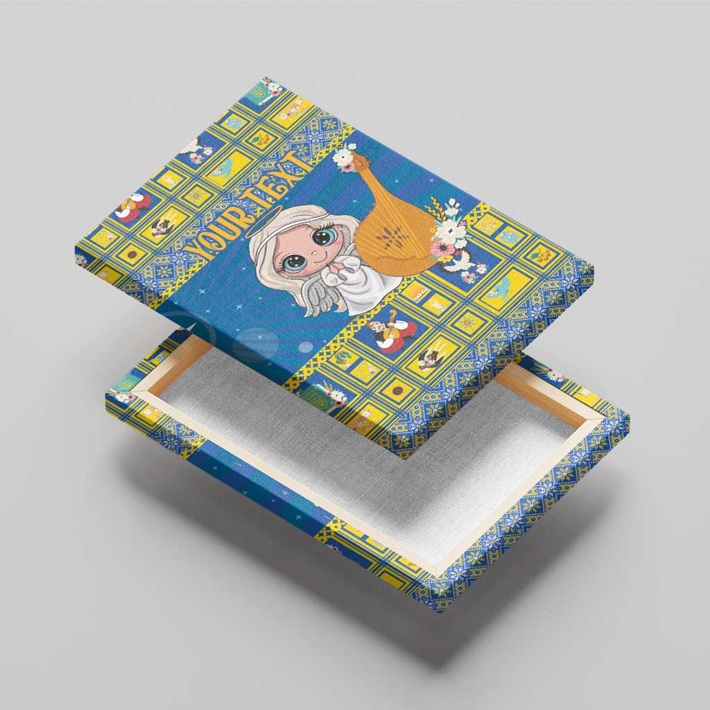 Personalized blue canvas wall art on a cradle stand, angel with harp and patterned frame