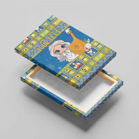 Personalized blue canvas wall art on a cradle stand, angel with harp and patterned frame