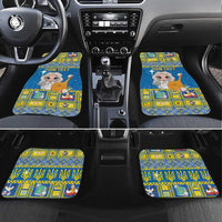 Blue car floor mats with angel graphic and “YOUR TEXT” banner on a patterned border