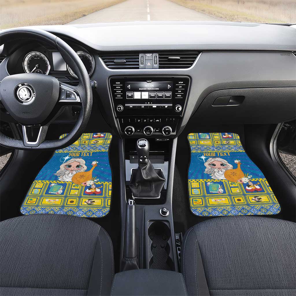 Blue car floor mats set, front seats shown, with angel print and “YOUR TEXT”