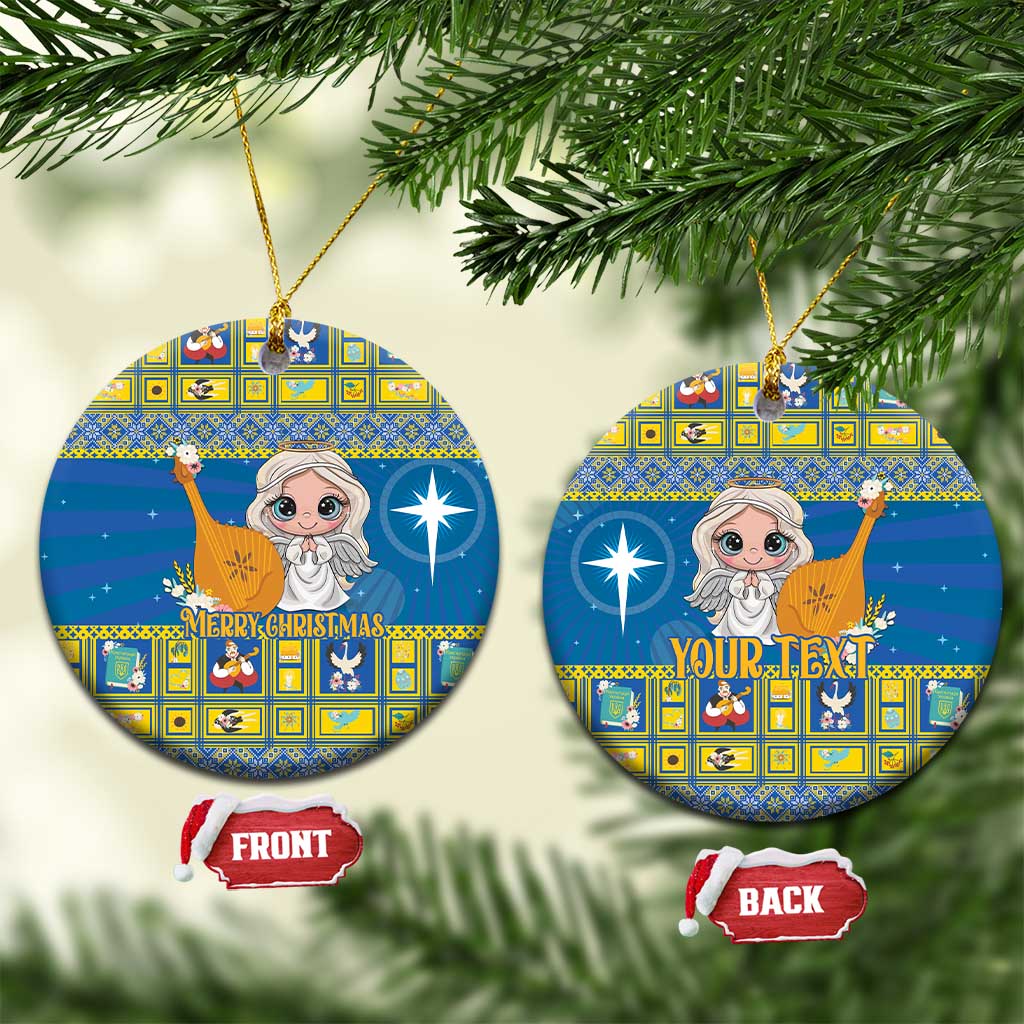 Blue ceramic Christmas ornament with angel design, round shape, gold hanging loop and front/back tags