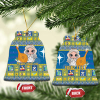 Blue ceramic Christmas ornament, bell shape with angel artwork, gold hanging loop and front/back tags