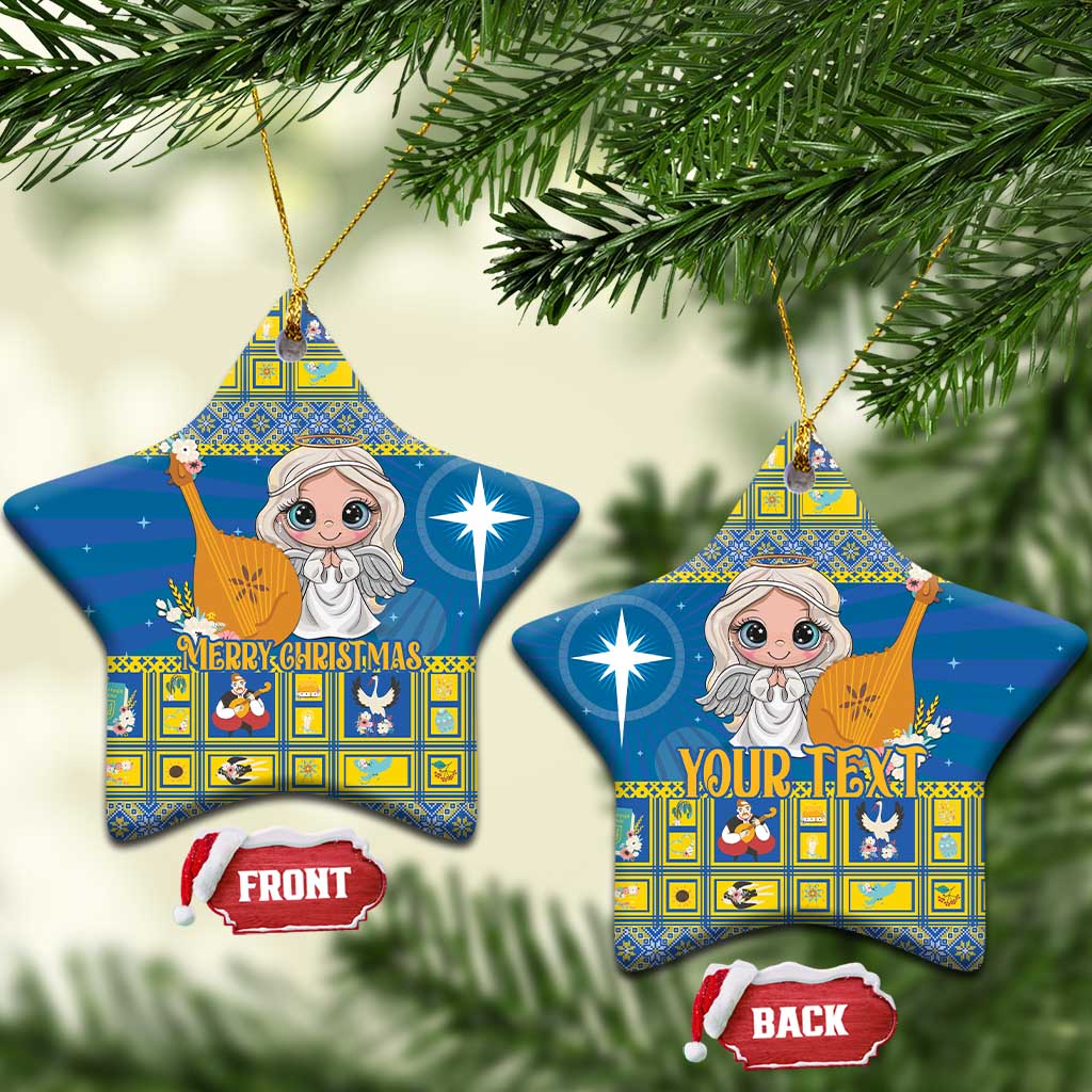 Blue ceramic Christmas ornament, star shape with angel artwork, gold hanging loop and front/back tags