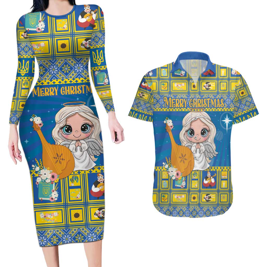 Personalized Ukraine Christmas Couples Matching Long Sleeve Bodycon Dress and Hawaiian Shirt Star of Bethlehem With Angle Funny - Wonder Print Shop