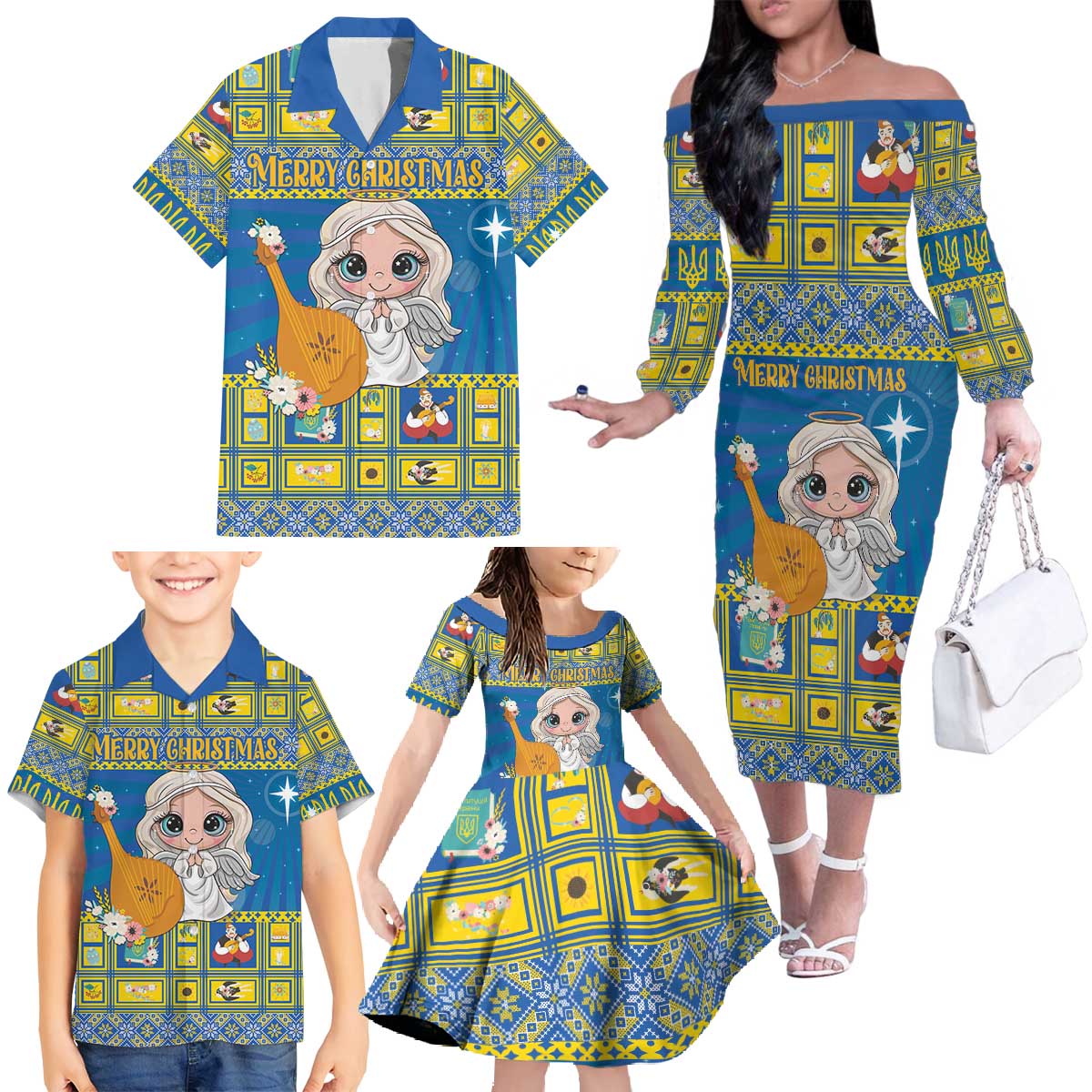 Personalized Ukraine Christmas Family Matching Off The Shoulder Long Sleeve Dress and Hawaiian Shirt Star of Bethlehem With Angle Funny - Wonder Print Shop