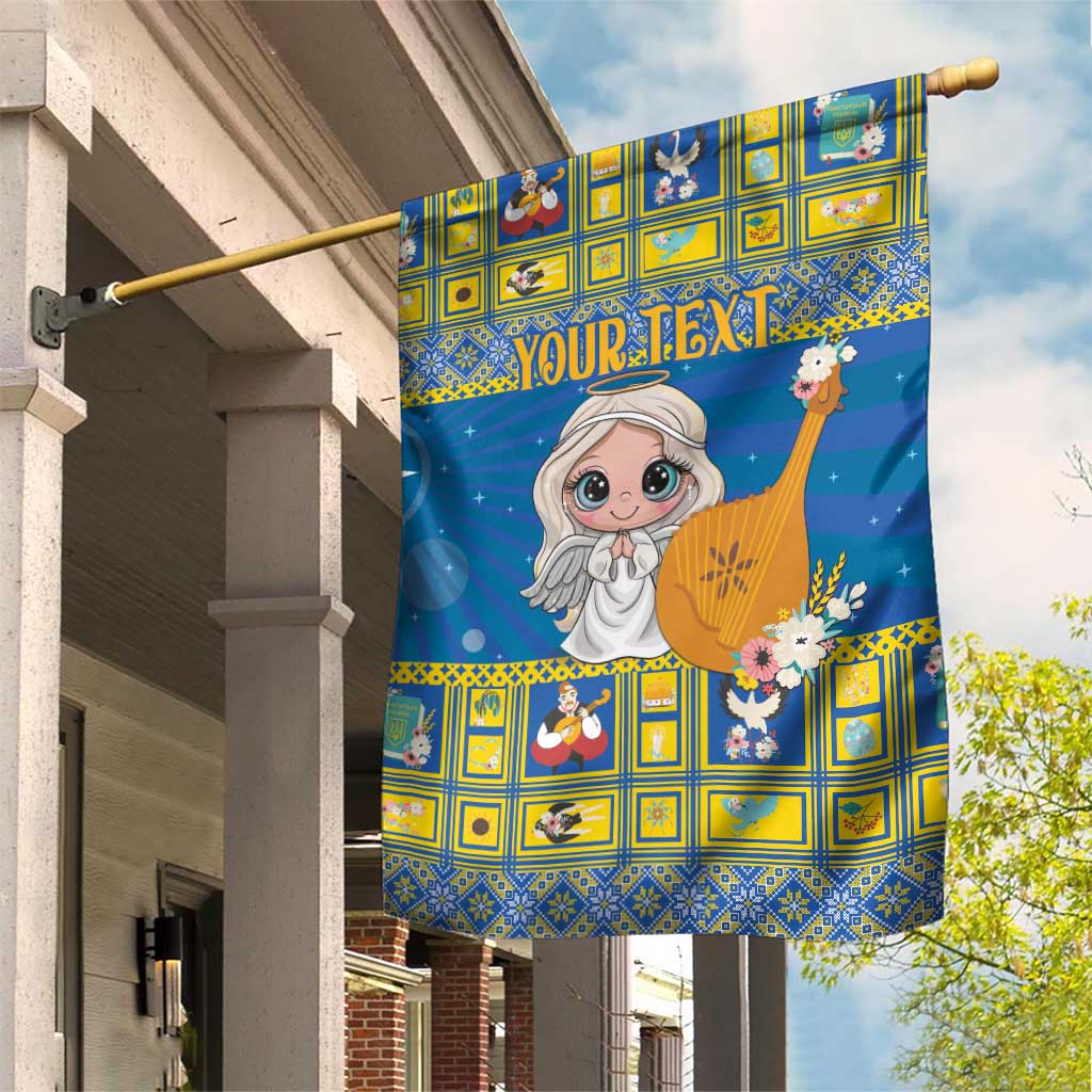 Blue garden flag with angel holding a harp and flowers, with personalized text