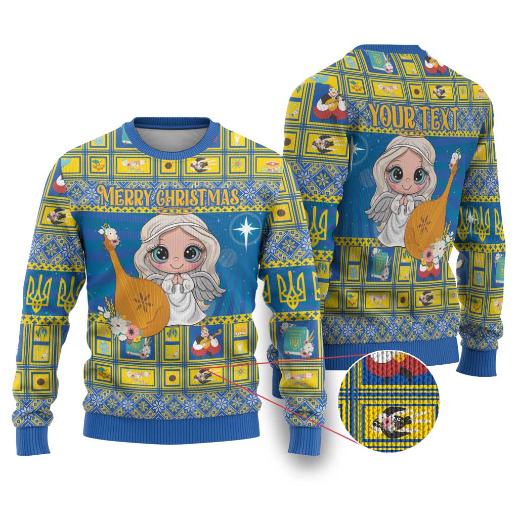 Blue ugly Christmas sweater with angel child graphic and 'Merry Christmas' text