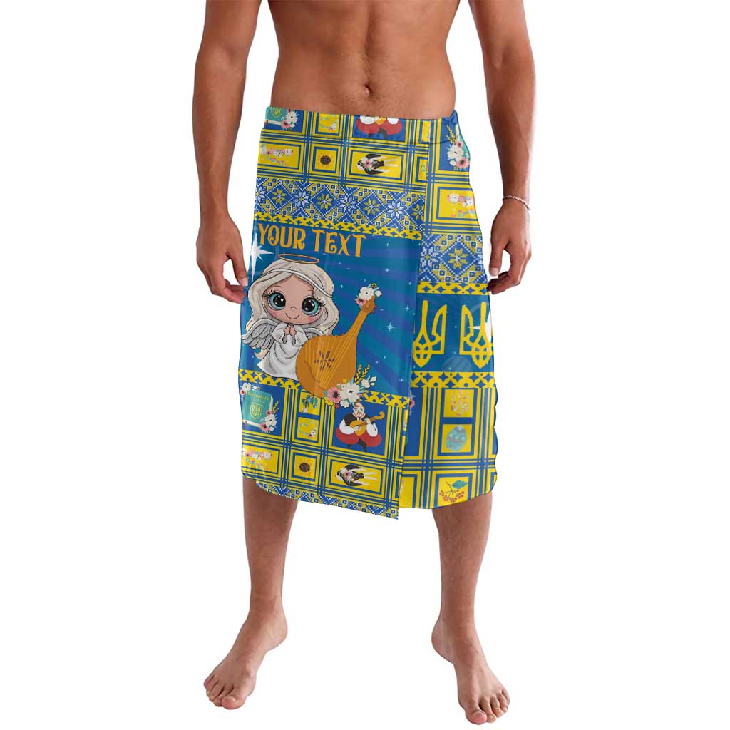 Blue patterned shorts with angel and 'YOUR TEXT' graphic, elastic waistband