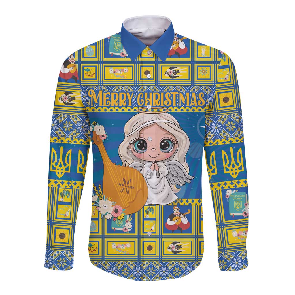 Blue long-sleeve button shirt with colorful festive angel and “Merry Christmas” print