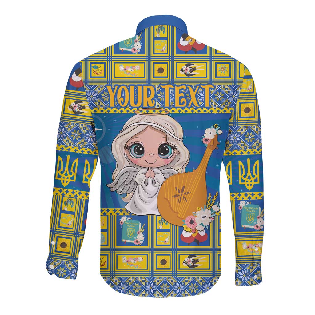 Blue long-sleeve button shirt with back angel graphic and “YOUR TEXT” banner