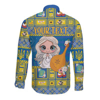 Blue long-sleeve button shirt with back angel graphic and “YOUR TEXT” banner