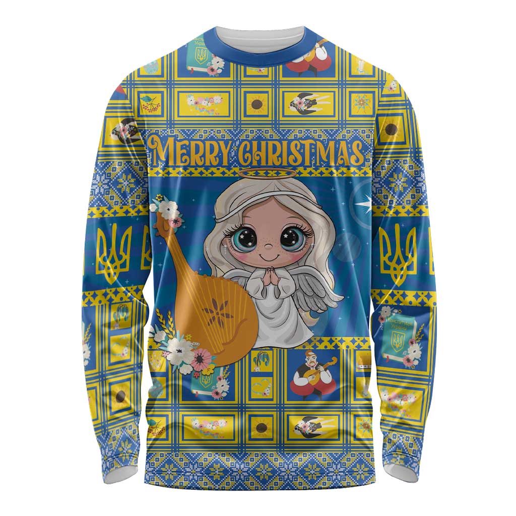 Personalized long-sleeve shirt with blue-yellow holiday angel graphic and "Merry Christmas" text