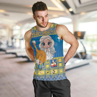 Men's blue Christmas tank top with cartoon angel graphic and 'MERRY CHRISTMAS' text