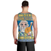 Men's blue Christmas tank top back with 'YOUR TEXT' and cartoon angel graphic
