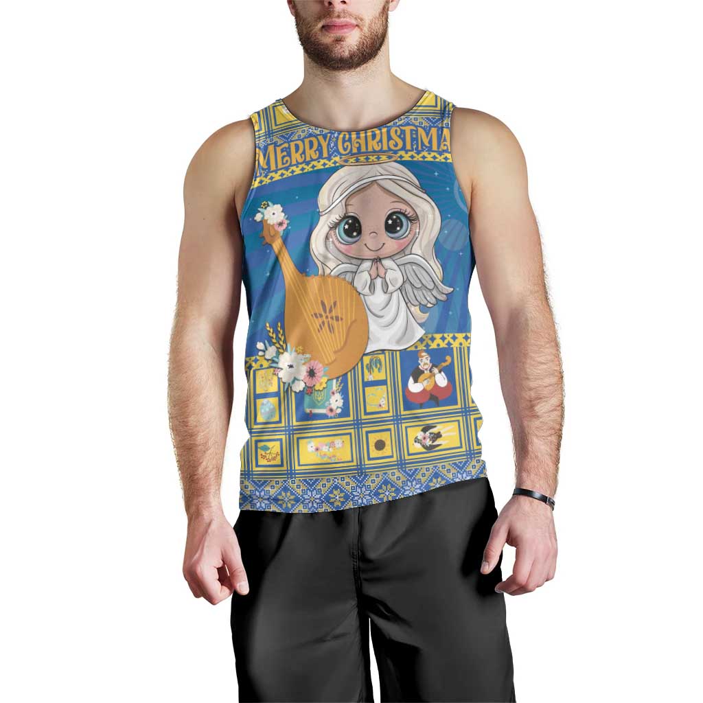 Men's blue Christmas tank top with smiling angel character and 'MERRY CHRISTMAS' logo