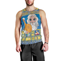 Men's blue Christmas tank top with smiling angel character and 'MERRY CHRISTMAS' logo