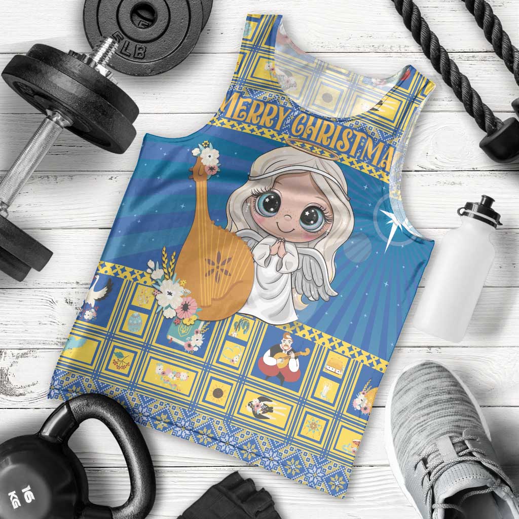 Men's blue Christmas tank top with cartoon angel face and festive grid pattern