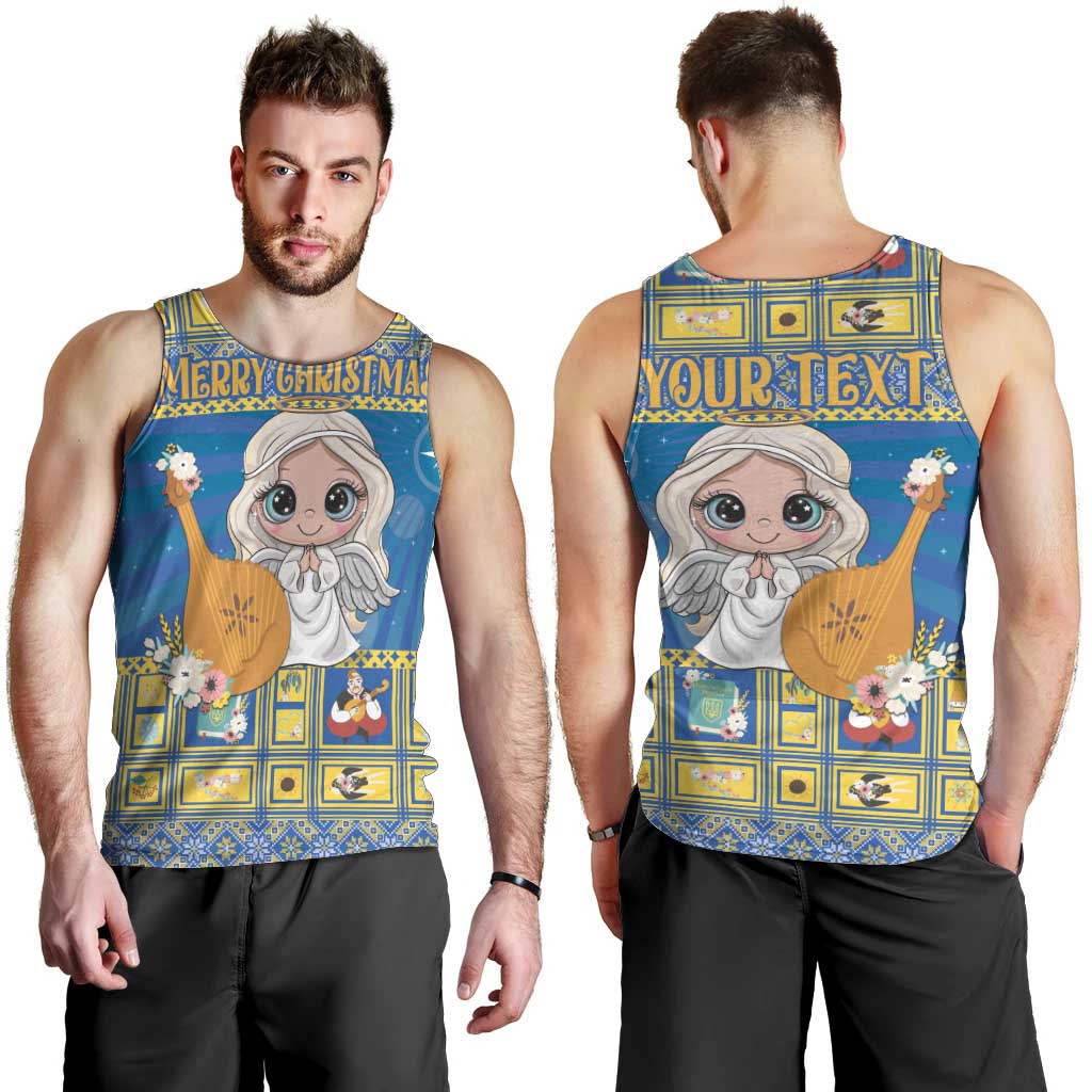 Men's blue Christmas tank top: front 'MERRY CHRISTMAS' and back 'YOUR TEXT' with angel art
