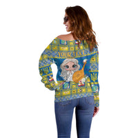 Women’s blue off-shoulder Christmas sweater, back side with angel graphic and "Your Text"