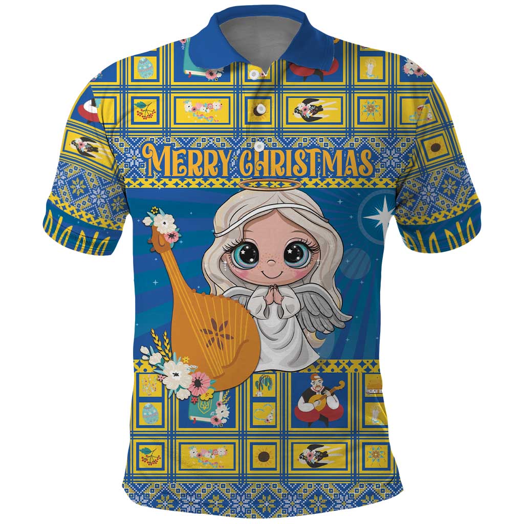 Blue Christmas polo shirt with festive check pattern, smiling angel and Merry Christmas text