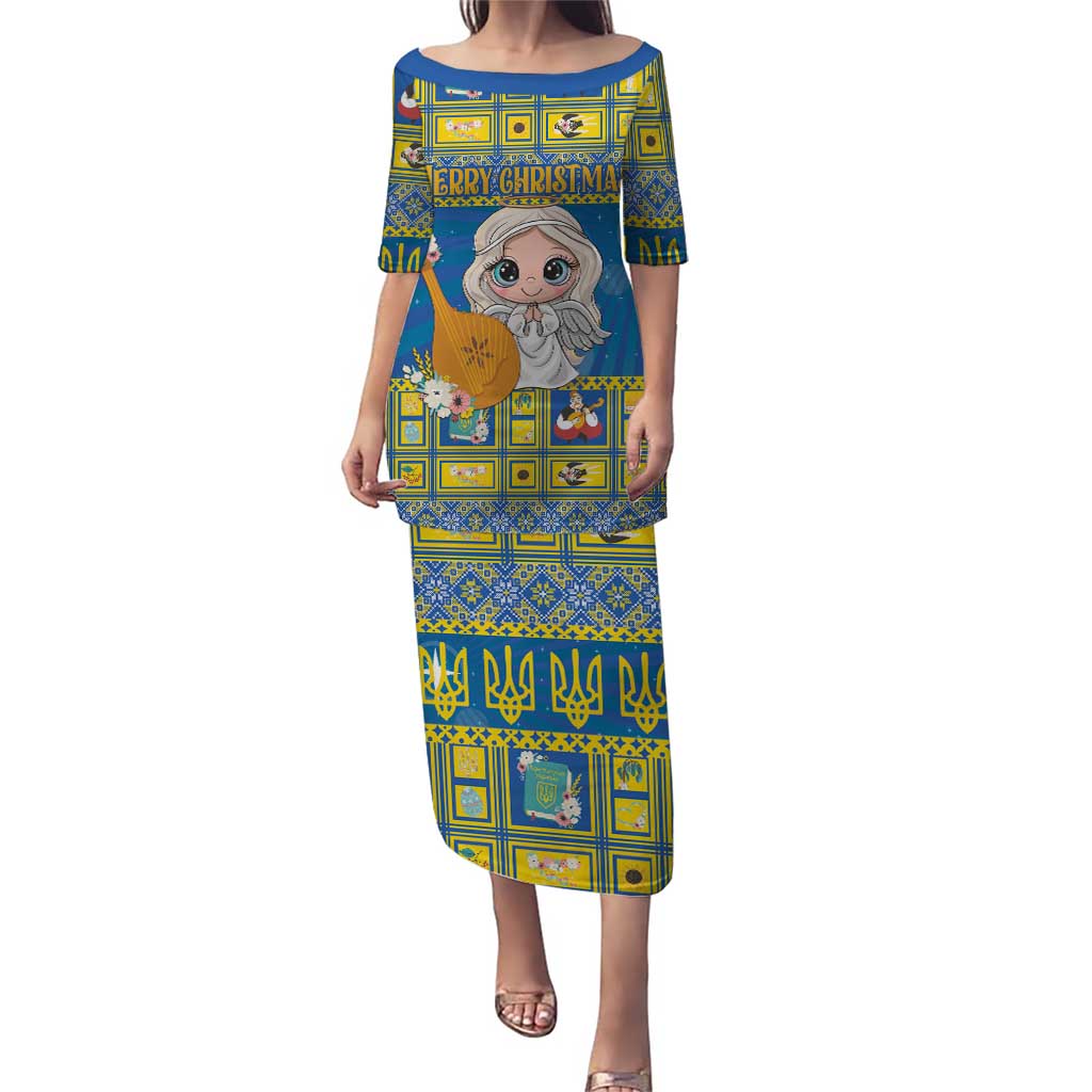 Blue long dress with cartoon angel, Christmas lettering, and trident tile pattern