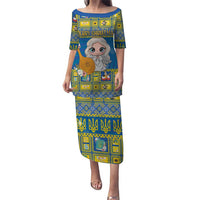 Blue long dress with cartoon angel, Christmas lettering, and trident tile pattern