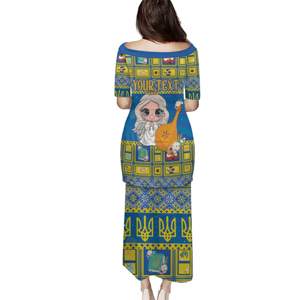 Blue long back dress with cartoon angel, YOURTEXT banner, and trident tile pattern